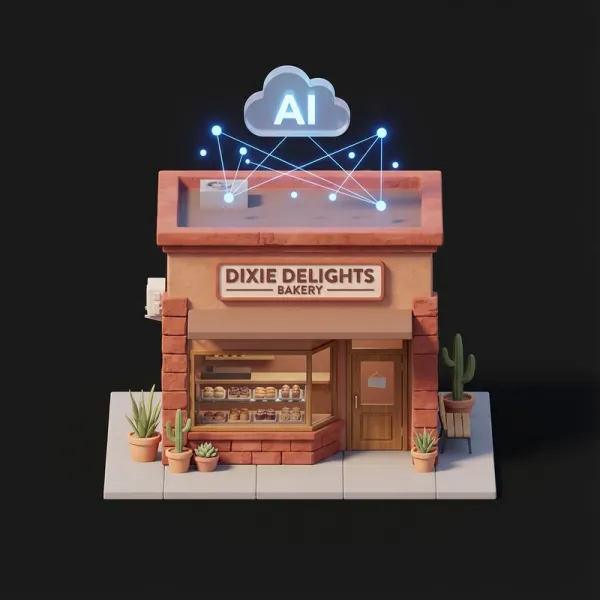 3D isometric render of local business storefront with AI data nodes floating above
