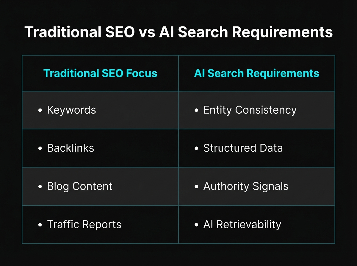 Traditional SEO vs AI search requirements comparison chart