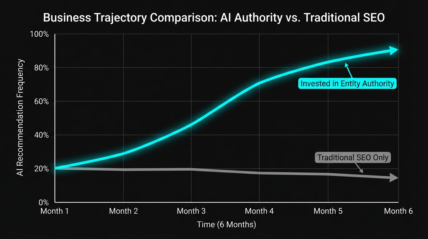 Timeline graph showing diverging paths for businesses with and without entity optimization